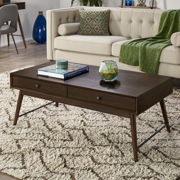 Mid-century Rubberwood Coffee Table with Two Drawers and Tapered Legs for Living Room