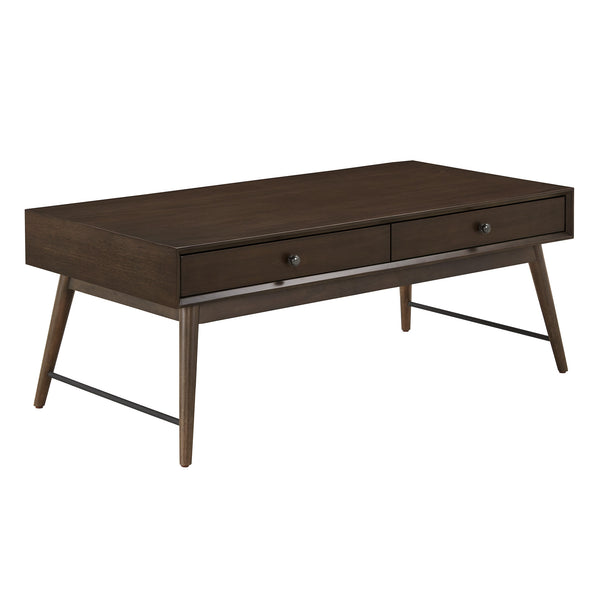 Mid-century Rubberwood Coffee Table with Two Drawers and Tapered Legs for Living Room
