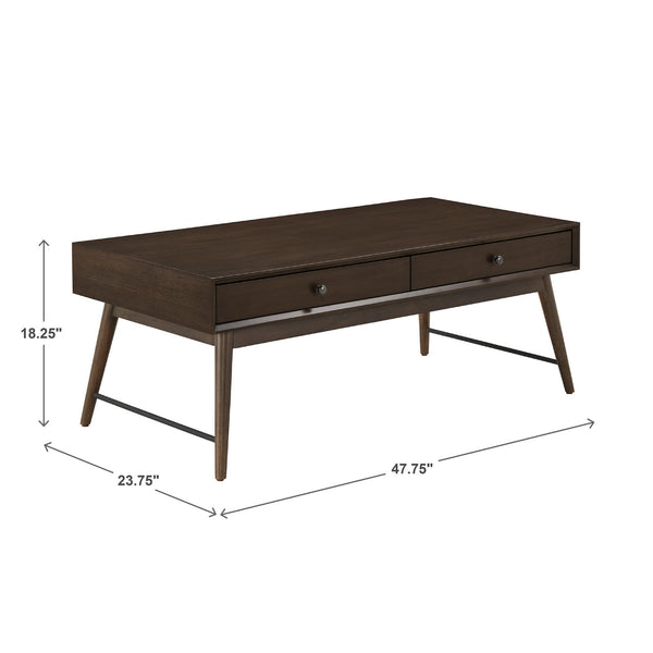 Mid-century Rubberwood Coffee Table with Two Drawers and Tapered Legs for Living Room