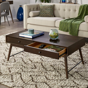 Mid-century Rubberwood Coffee Table with Two Drawers and Tapered Legs for Living Room