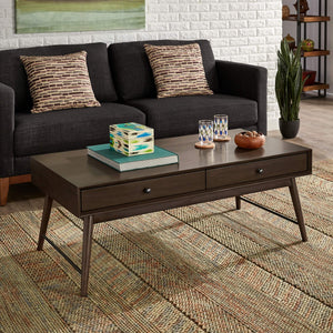 Mid-century Rubberwood Coffee Table with Two Drawers and Tapered Legs for Living Room