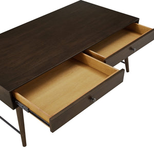 Mid-century Rubberwood Coffee Table with Two Drawers and Tapered Legs for Living Room