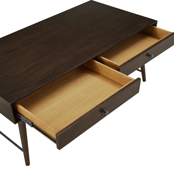 Mid-century Rubberwood Coffee Table with Two Drawers and Tapered Legs for Living Room