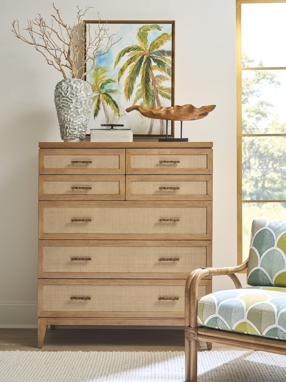 Lexington Tommy Bahama Home Seagrove Chest - Elegant Seven-drawer Design With Woven Raffia And Burnished Brass Accents For Style Sunwashed  579-307
