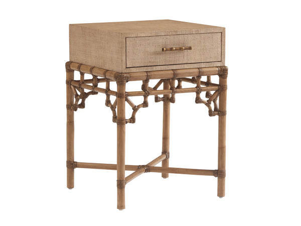 Lexington Tommy Bahama Home Arvida Night Table - Coastal Elegance With Woven Raffia Drawer And Leather-wrapped Rattan Design Sunwashed  579-622