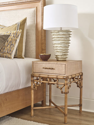 Lexington Tommy Bahama Home Arvida Night Table - Coastal Elegance With Woven Raffia Drawer And Leather-wrapped Rattan Design Sunwashed  579-622