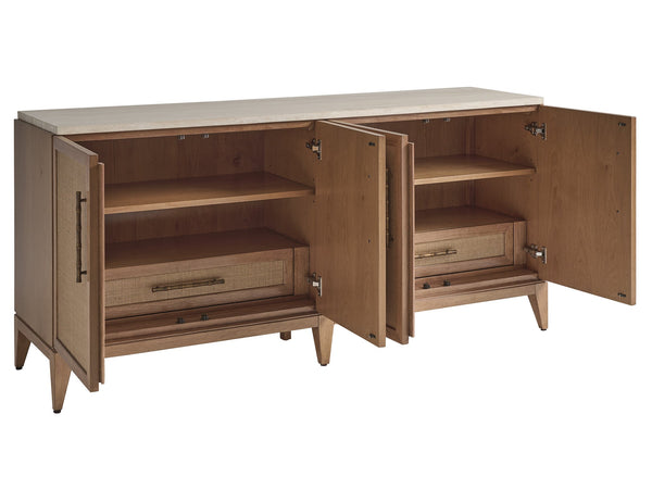 Lexington Tommy Bahama Home Biscayne Coastal Buffet - Elegant Driftwood Design With Raffia Fronts, Soft-close Drawers & Travertine Top Sunwashed  579-852