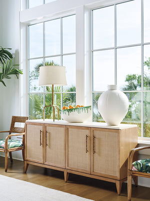 Lexington Tommy Bahama Home Biscayne Coastal Buffet - Elegant Driftwood Design With Raffia Fronts, Soft-close Drawers & Travertine Top Sunwashed  579-852