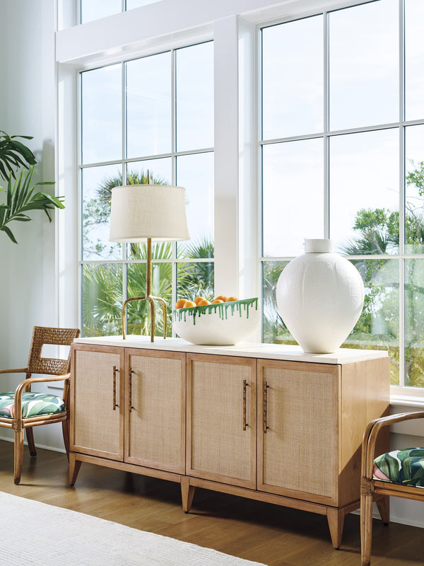 Lexington Tommy Bahama Home Biscayne Coastal Buffet - Elegant Driftwood Design With Raffia Fronts, Soft-close Drawers & Travertine Top Sunwashed  579-852