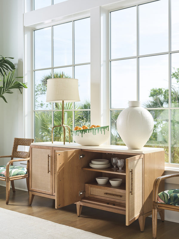 Lexington Tommy Bahama Home Biscayne Coastal Buffet - Elegant Driftwood Design With Raffia Fronts, Soft-close Drawers & Travertine Top Sunwashed  579-852