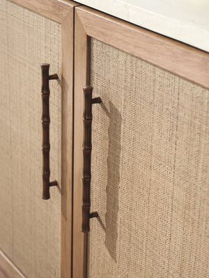 Lexington Tommy Bahama Home Biscayne Coastal Buffet - Elegant Driftwood Design With Raffia Fronts, Soft-close Drawers & Travertine Top Sunwashed  579-852