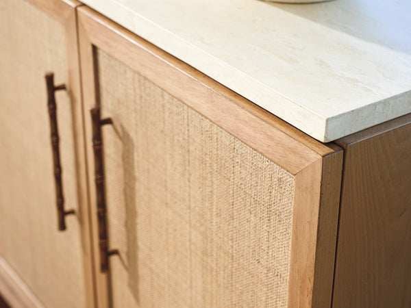 Lexington Tommy Bahama Home Biscayne Coastal Buffet - Elegant Driftwood Design With Raffia Fronts, Soft-close Drawers & Travertine Top Sunwashed  579-852