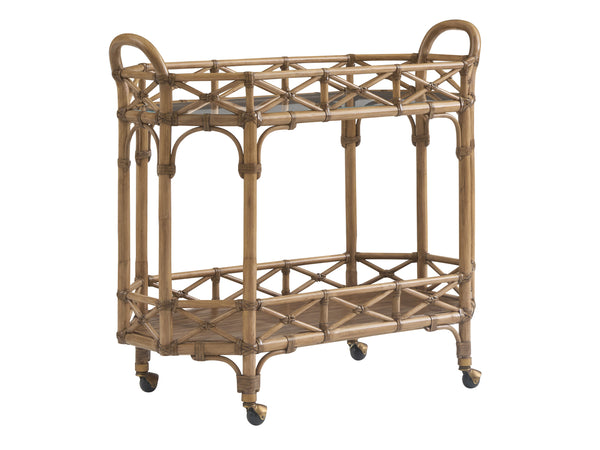 Lexington Tommy Bahama Home Nautilus Bar Cart - Elegant Driftwood Design With Leather-wrapped Rattan & Tempered Glass Surface Sunwashed  579-862c