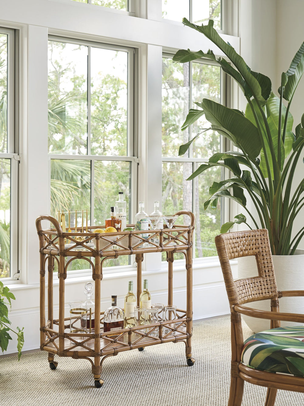 Lexington Tommy Bahama Home Nautilus Bar Cart - Elegant Driftwood Design With Leather-wrapped Rattan & Tempered Glass Surface Sunwashed  579-862c