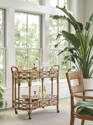 Lexington Tommy Bahama Home Nautilus Bar Cart - Elegant Driftwood Design With Leather-wrapped Rattan & Tempered Glass Surface Sunwashed  579-862c