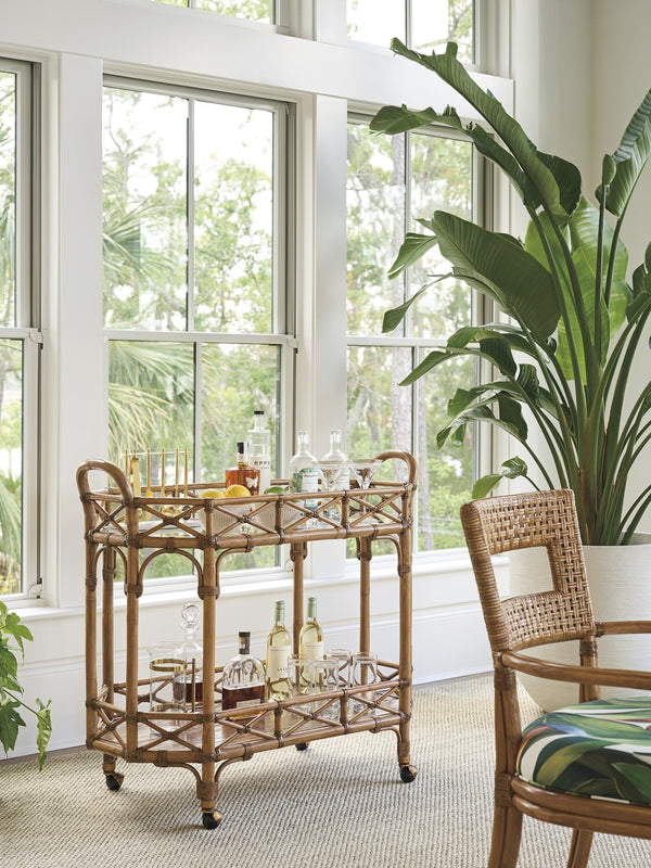 Lexington Tommy Bahama Home Nautilus Bar Cart - Elegant Driftwood Design With Leather-wrapped Rattan & Tempered Glass Surface Sunwashed  579-862c