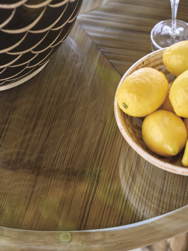 Lexington Tommy Bahama Home Emerald Bay Dining Table - Elegant Coastal Design With Woven Raffia, Driftwood Finish & Glass Top Sunwashed  579-875-60c