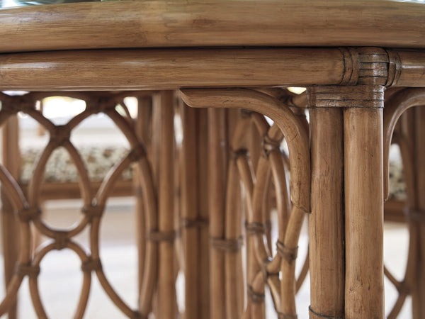 Lexington Tommy Bahama Home Emerald Bay Dining Table - Elegant Coastal Design With Woven Raffia, Driftwood Finish & Glass Top Sunwashed  579-875-60c