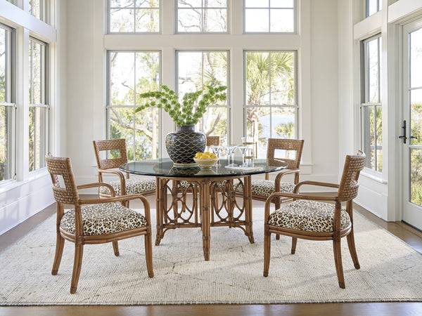 Lexington Tommy Bahama Home Emerald Bay Dining Table - Elegant Coastal Design With Woven Raffia, Driftwood Finish & Glass Top Sunwashed  579-875-60c