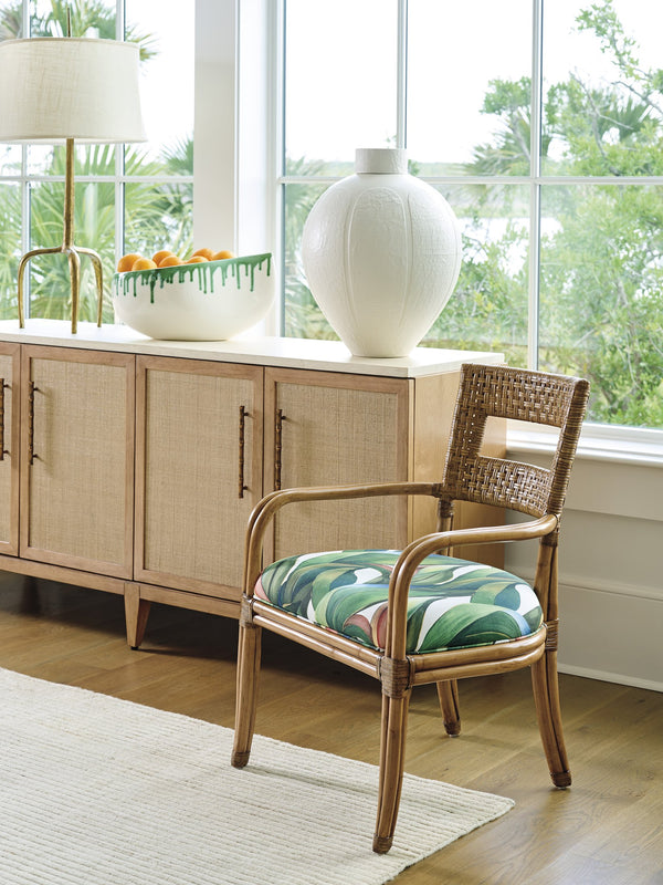 Lexington Tommy Bahama Home Biscayne Coastal Buffet - Elegant Driftwood Design With Raffia Fronts, Soft-close Drawers & Travertine Top Sunwashed  579-852