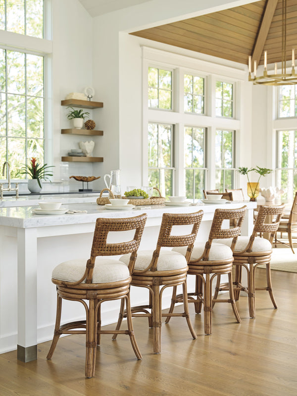 Lexington Tommy Bahama Home Bay Harbour Swivel Counter Stool - Elegant Leather-wrapped Rattan Frame With Memory Seat Design Sunwashed  579-895-01