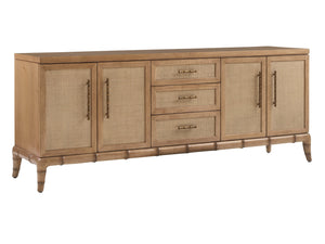 Lexington Tommy Bahama Home Commodore Media Console: Elegant Driftwood Design With Woven Raffia, Soft-close Drawers & Shelves Sunwashed  579-907