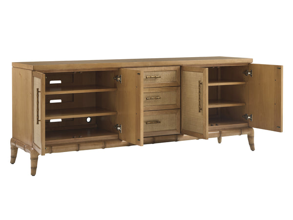 Lexington Tommy Bahama Home Commodore Media Console: Elegant Driftwood Design With Woven Raffia, Soft-close Drawers & Shelves Sunwashed  579-907