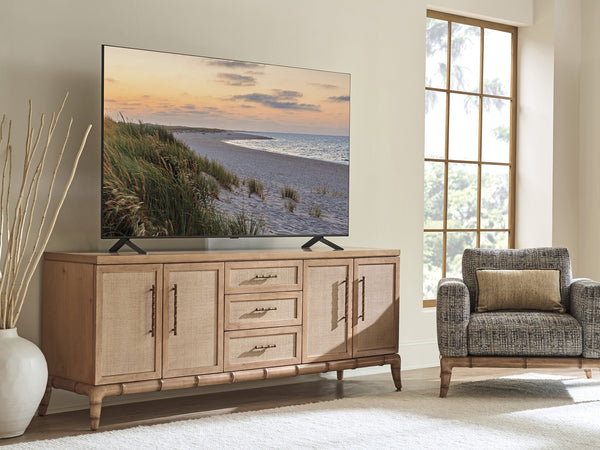 Lexington Tommy Bahama Home Commodore Media Console: Elegant Driftwood Design With Woven Raffia, Soft-close Drawers & Shelves Sunwashed  579-907