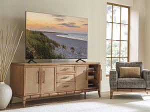Lexington Tommy Bahama Home Commodore Media Console: Elegant Driftwood Design With Woven Raffia, Soft-close Drawers & Shelves Sunwashed  579-907