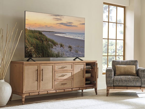 Lexington Tommy Bahama Home Commodore Media Console: Elegant Driftwood Design With Woven Raffia, Soft-close Drawers & Shelves Sunwashed  579-907