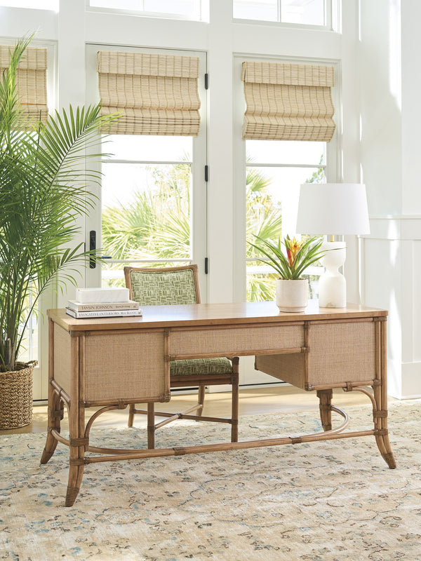 Lexington Tommy Bahama Home Sunny Isles Writing Desk: Coastal Elegance With Raffia Clad Drawers And Leather-wrapped Accents Sunwashed  579-933