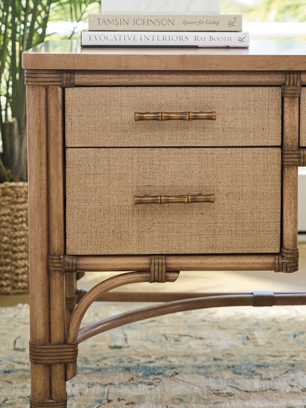 Lexington Tommy Bahama Home Sunny Isles Writing Desk: Coastal Elegance With Raffia Clad Drawers And Leather-wrapped Accents Sunwashed  579-933