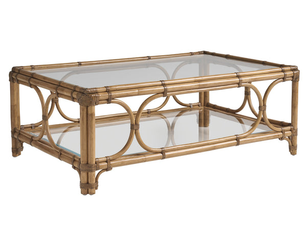 Lexington Tommy Bahama Home Deering Bay Rectangular Cocktail Table - Coastal Elegance With Tempered Glass And Rattan Design Sunwashed  579-945c