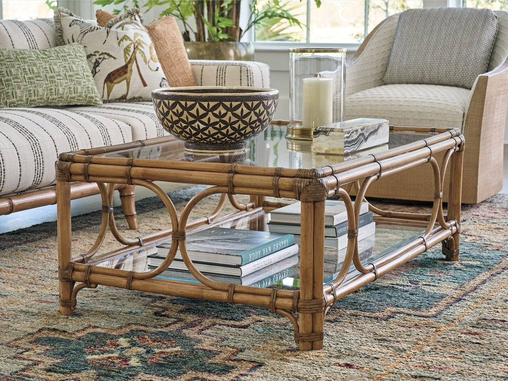 Lexington Tommy Bahama Home Deering Bay Rectangular Cocktail Table - Coastal Elegance With Tempered Glass And Rattan Design Sunwashed  579-945c