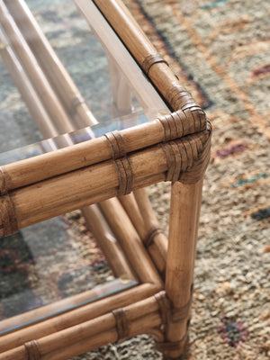 Lexington Tommy Bahama Home Deering Bay Rectangular Cocktail Table - Coastal Elegance With Tempered Glass And Rattan Design Sunwashed  579-945c