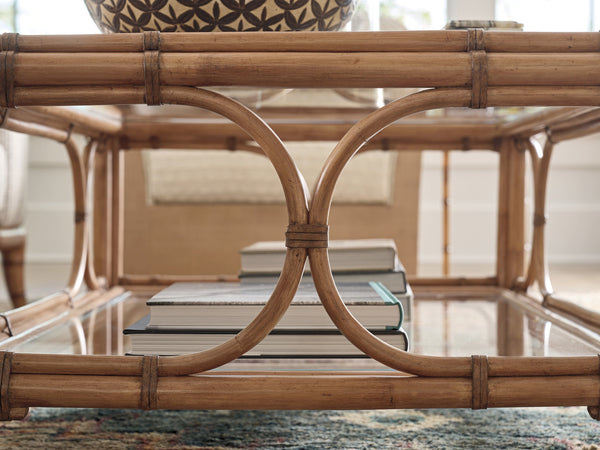 Lexington Tommy Bahama Home Deering Bay Rectangular Cocktail Table - Coastal Elegance With Tempered Glass And Rattan Design Sunwashed  579-945c