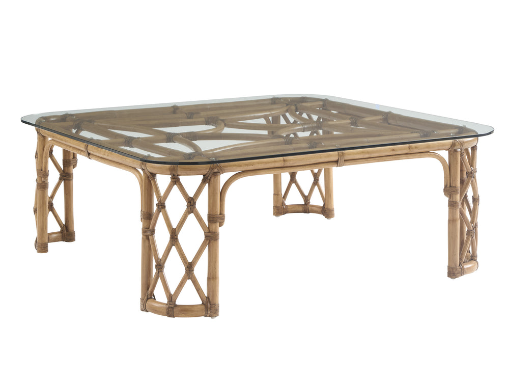 Lexington Tommy Bahama Home Coral Reef Cocktail Table: Elegant Driftwood Design With Leather-wrapped Rattan & Glass Top Sunwashed  579-949c