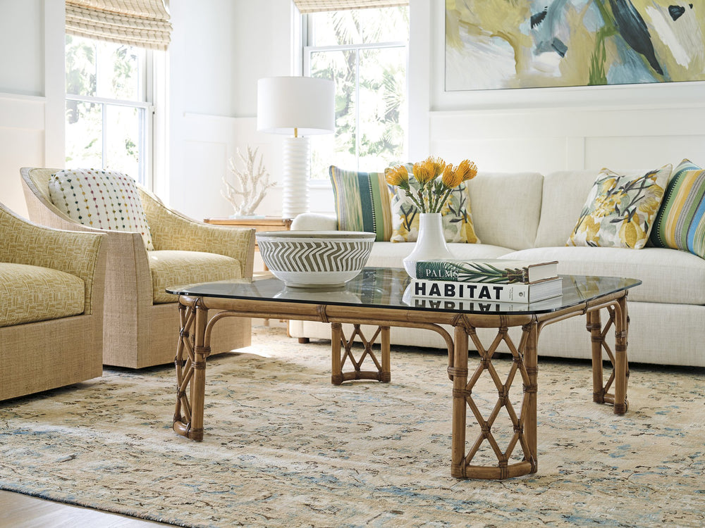 Lexington Tommy Bahama Home Coral Reef Cocktail Table: Elegant Driftwood Design With Leather-wrapped Rattan & Glass Top Sunwashed  579-949c