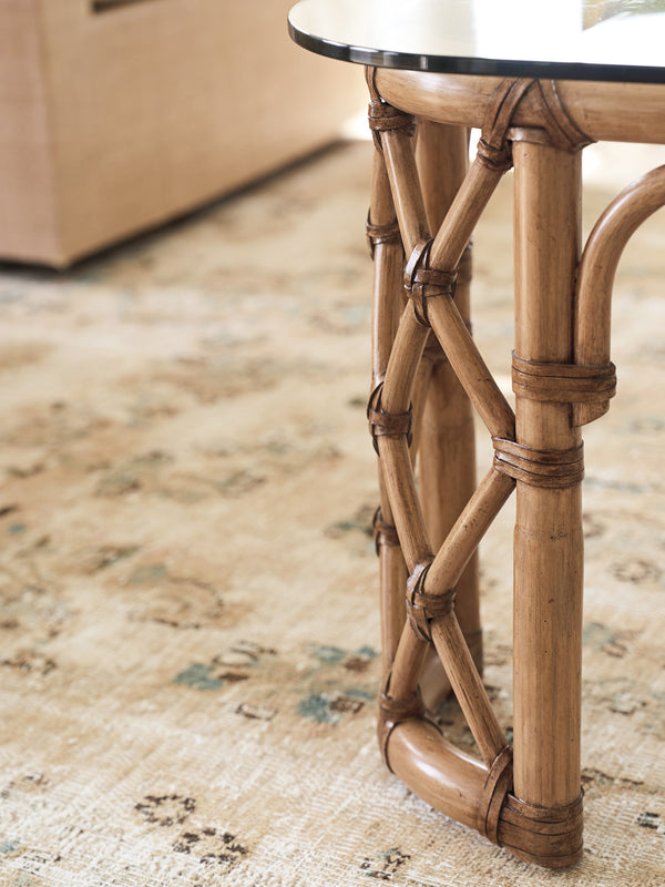 Lexington Tommy Bahama Home Coral Reef Cocktail Table: Elegant Driftwood Design With Leather-wrapped Rattan & Glass Top Sunwashed  579-949c