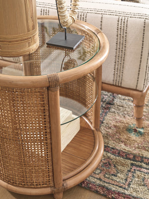 Lexington Tommy Bahama Home Tortuga Round End Table – Coastal-inspired Elegance With Glass Top, Rattan Base & Natural Materials Sunwashed  579-950c