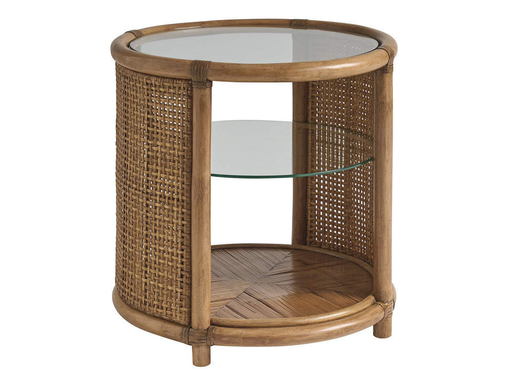 Lexington Tommy Bahama Home Tortuga Round End Table – Coastal-inspired Elegance With Glass Top, Rattan Base & Natural Materials Sunwashed  579-950c