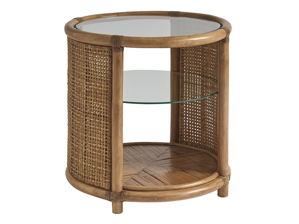 Lexington Tommy Bahama Home Tortuga Round End Table – Coastal-inspired Elegance With Glass Top, Rattan Base & Natural Materials Sunwashed  579-950c