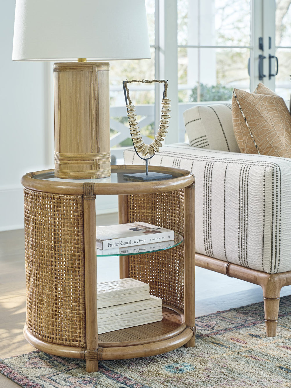 Lexington Tommy Bahama Home Tortuga Round End Table – Coastal-inspired Elegance With Glass Top, Rattan Base & Natural Materials Sunwashed  579-950c