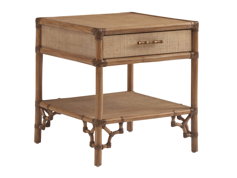 Lexington Tommy Bahama Home Bayfront Coastal End Table With Woven Raffia, Leather-wrapped Rattan, And Elegant Brass Hardware Sunwashed  579-954