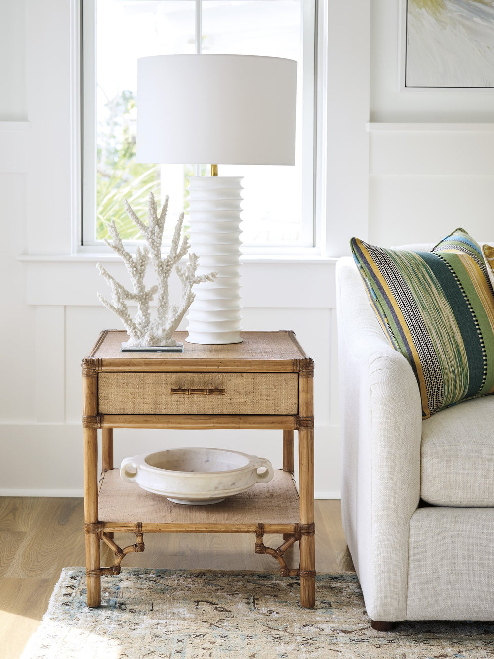 Lexington Tommy Bahama Home Bayfront Coastal End Table With Woven Raffia, Leather-wrapped Rattan, And Elegant Brass Hardware Sunwashed  579-954