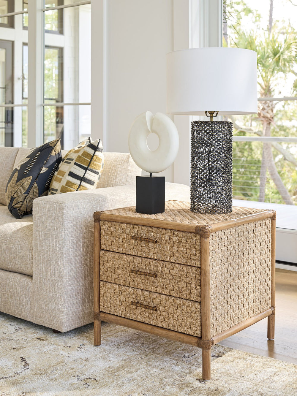 Lexington Tommy Bahama Home Coral Reef End Table With Woven Abaca, Soft-close Drawers, And Leather-wrapped Rattan Frame Sunwashed  579-959