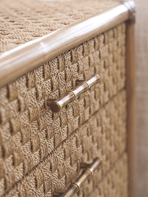 Lexington Tommy Bahama Home Coral Reef End Table With Woven Abaca, Soft-close Drawers, And Leather-wrapped Rattan Frame Sunwashed  579-959