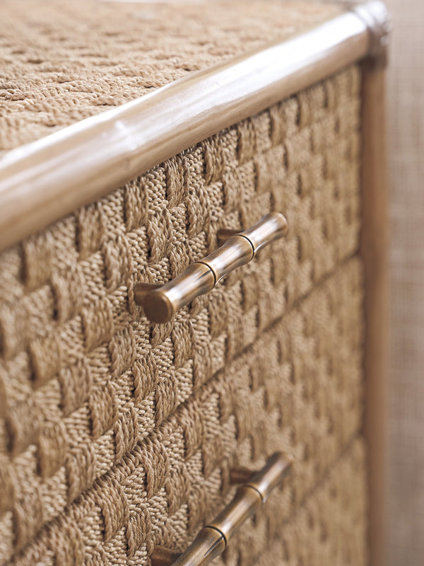 Lexington Tommy Bahama Home Coral Reef End Table With Woven Abaca, Soft-close Drawers, And Leather-wrapped Rattan Frame Sunwashed  579-959