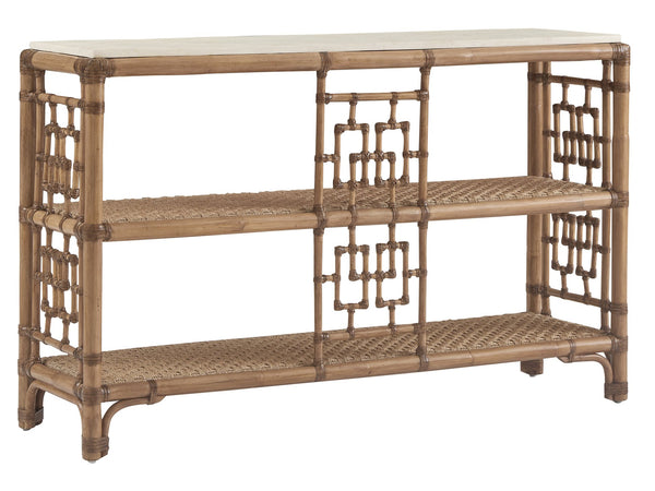 Lexington Tommy Bahama Home Sailfish Console Table – Elegant Driftwood Design With Leather-wrapped Rattan And Woven Abaca Shelves Sunwashed  579-967