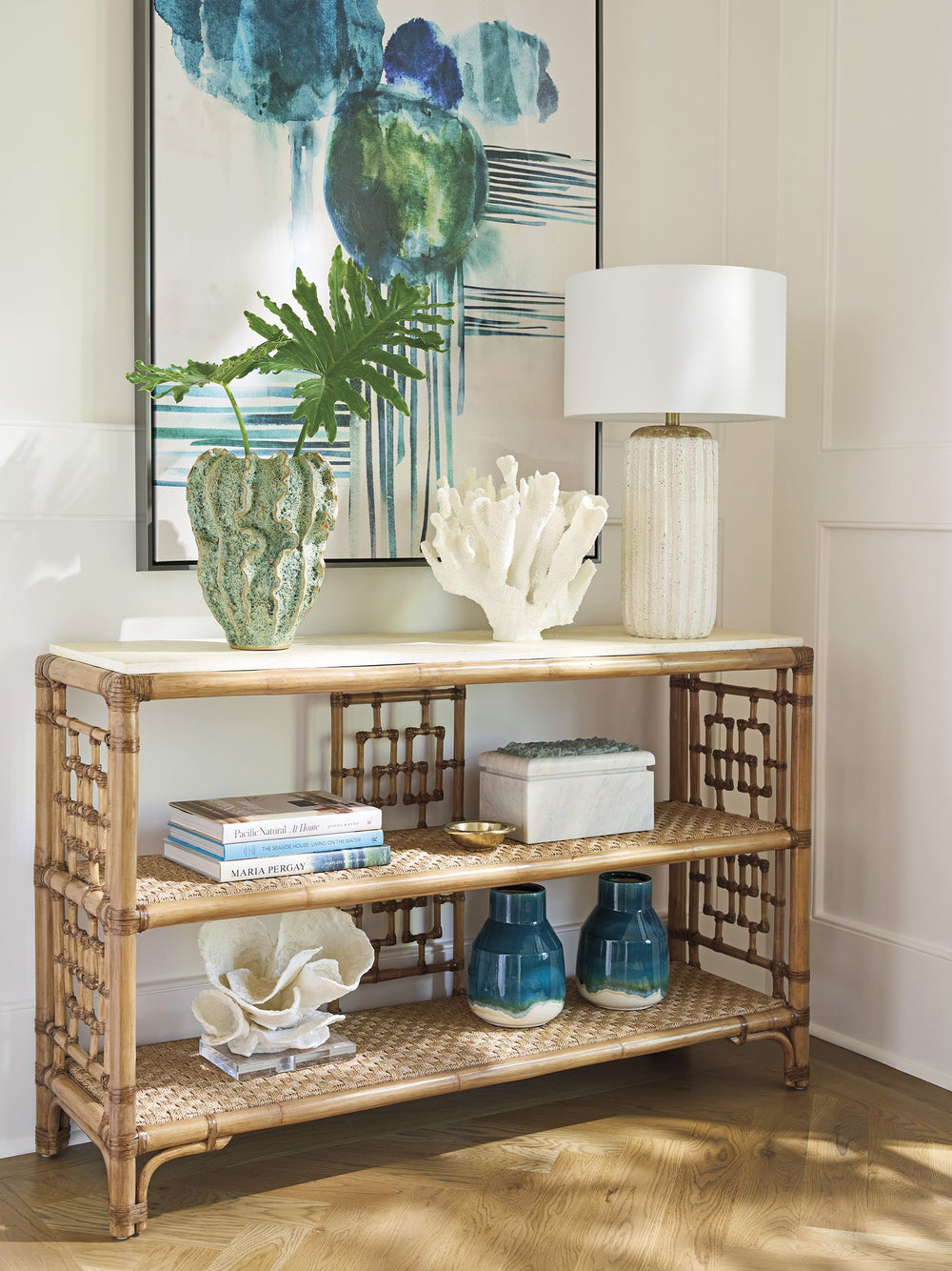 Lexington Tommy Bahama Home Sailfish Console Table – Elegant Driftwood Design With Leather-wrapped Rattan And Woven Abaca Shelves Sunwashed  579-967